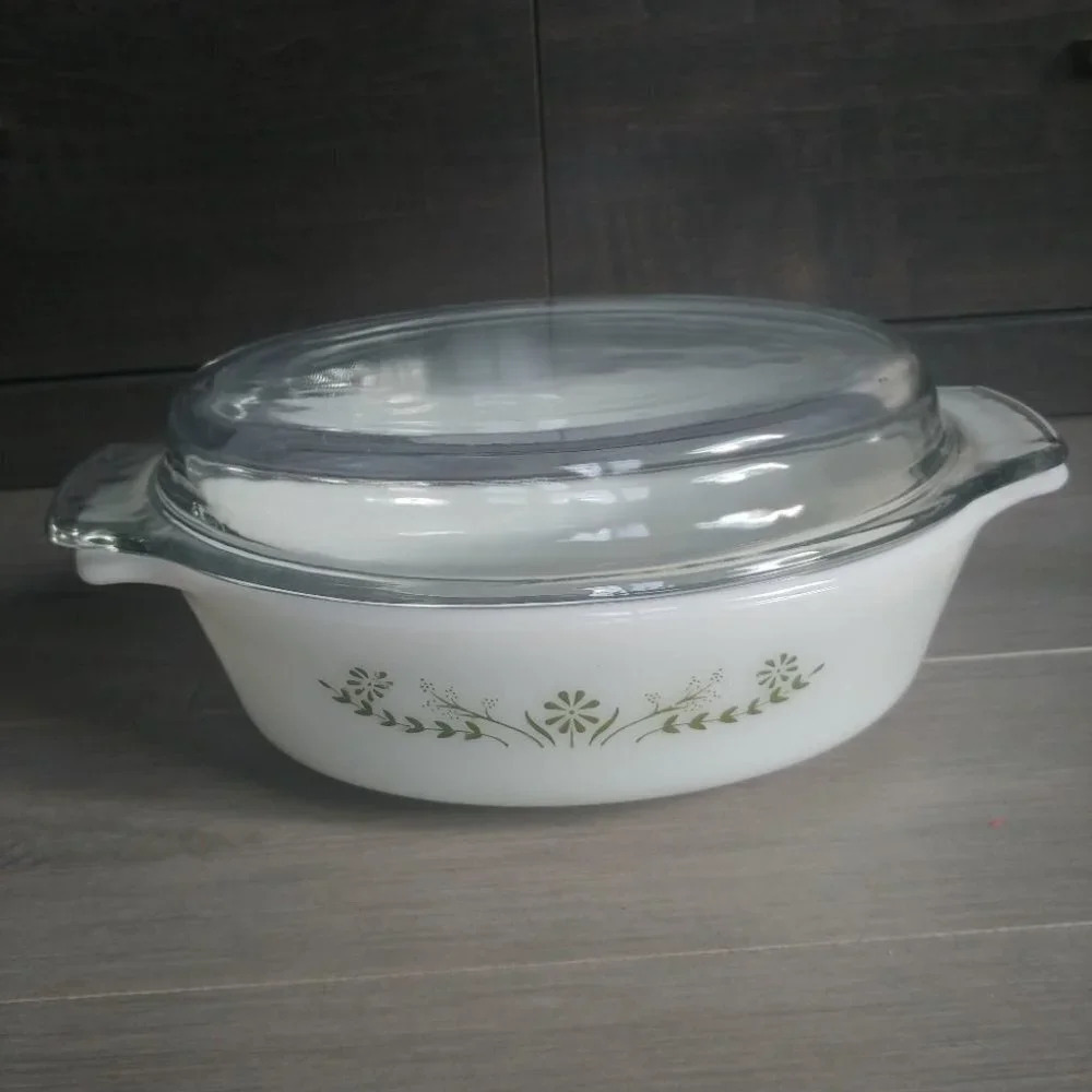 Vintage Glasbake Green Daisy Primrose Flower Casserole Dish with Lid 433